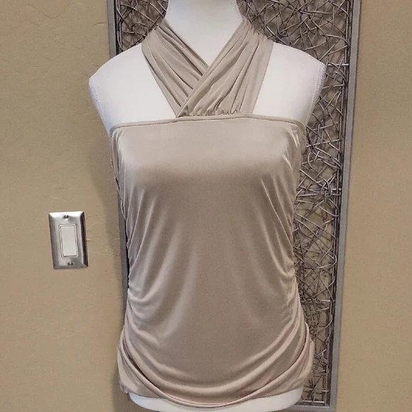 Moda International Taupe Gold Ruched Halter with Extra-Long Convertible Tie - Picture 2 of 5